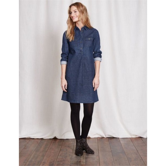 Boden Lola Denim Shirt Dress Sz 8L Long Sleeve Collared Pockets Stretch Casual - Picture 3 of 11